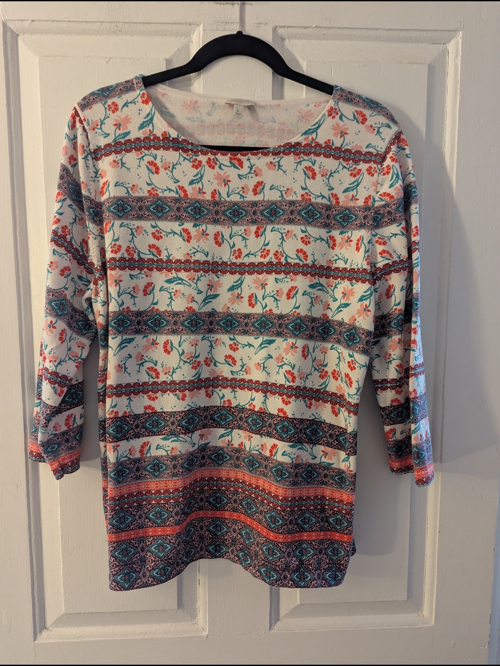 Talbots Striped Floral Boatneck Top in Cream, Teal, Coral